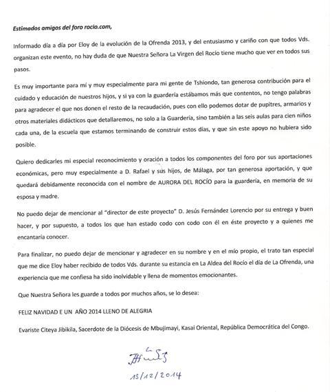 rocio.com - Ofrenda Foro del Roco 2013 - OBJETIVO CONSEGUIDO UN AO MS - Carta del Padre Evaristo