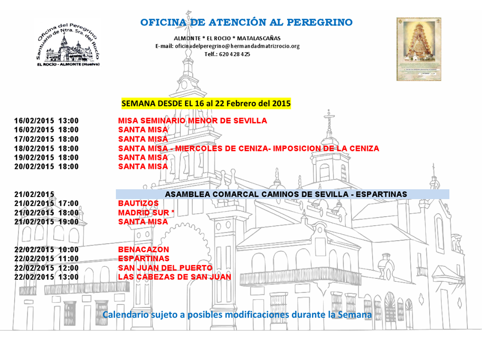 calendario de peregrinaciones del 16 al 22 de febrero 2015