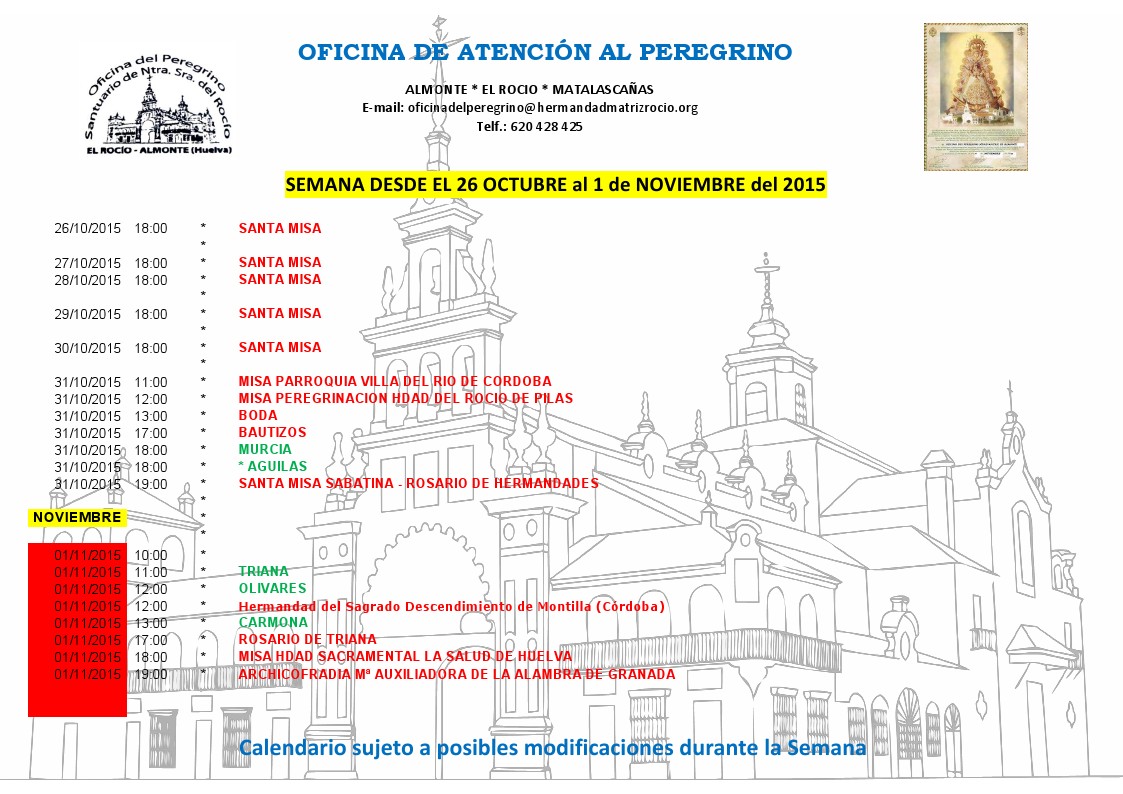 Calendario del 26 octubre al 1 de noviembre de 2015