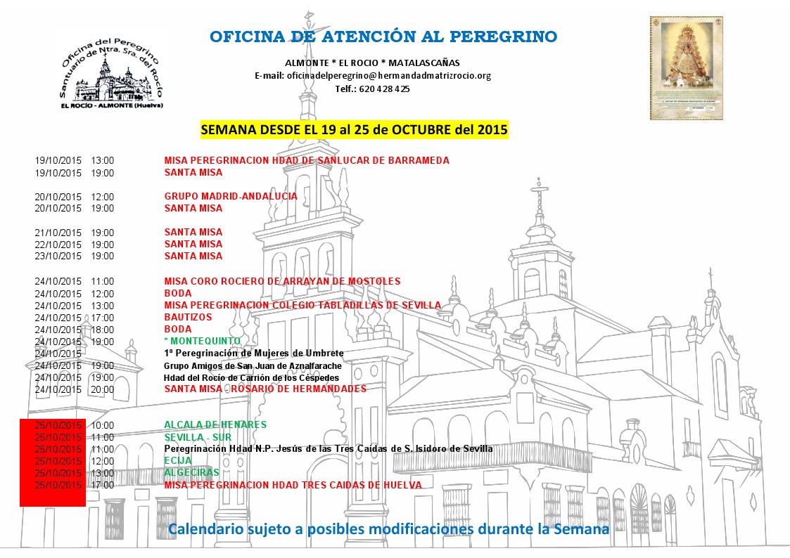 calendario peregrinaciones 19 a 25 de 10 de 2015