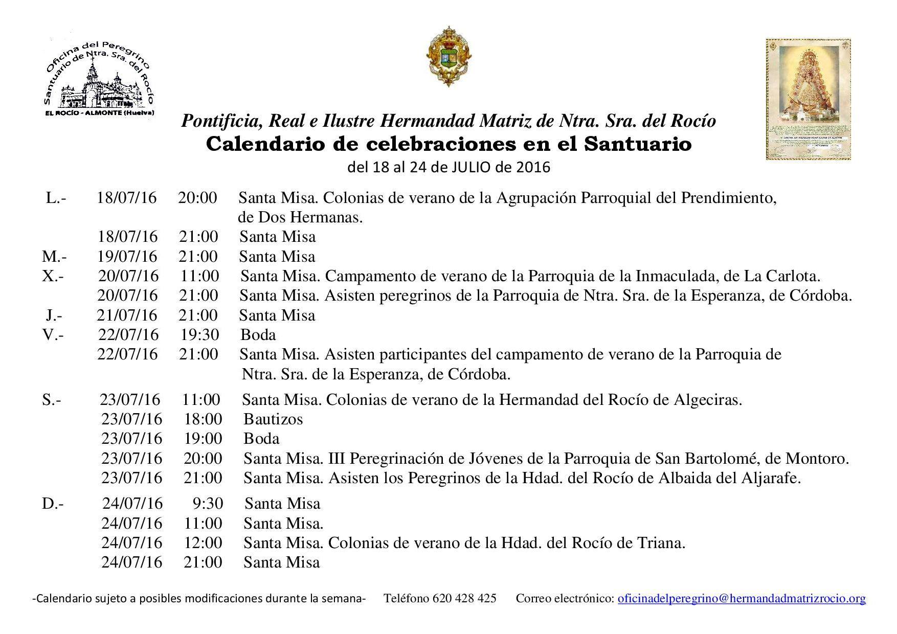 Calendario del 18 al 24 de julio 2016 santuario Rocio