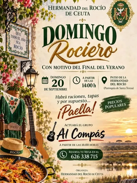 Cartel con detalles del Domingo Rociero en Ceuta el 20 de septiembre con paella, tapas, música en vivo y precios populares en el patio de la Hermandad del Rocío