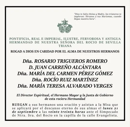 Recordatorio oficial de la Hermandad de Nuestra Señora del Rocío de Sevilla-Triana con nombres de hermanos difuntos y convocatoria a misa de réquiem