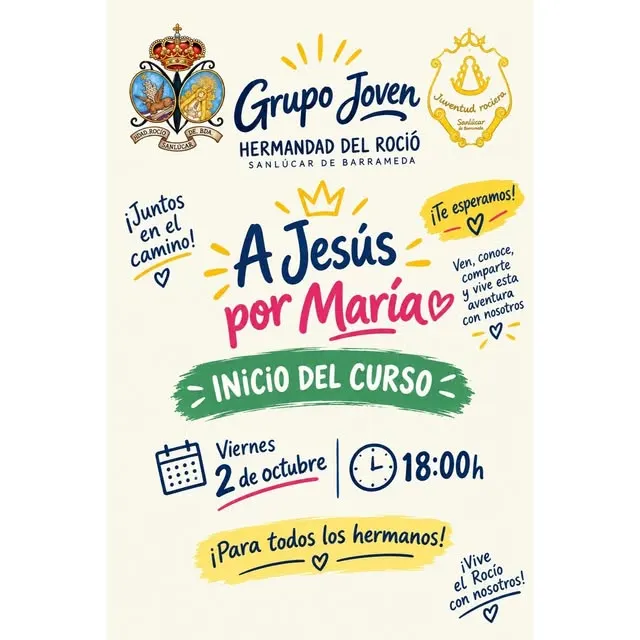Cartel colorido con logos de la Hermandad del Rocío y Juventud Rociera, anunciando el inicio del curso del Grupo Joven el 2 de octubre a las 18:00 horas en Sanlúcar de Barrameda
