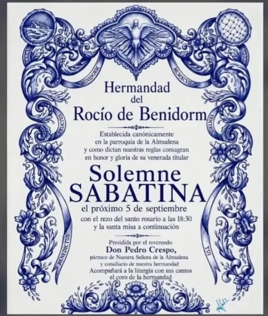 Invitación en azul y blanco con motivos florales y religiosos que anuncia la Solemne Sabatina de la Hermandad del Rocío de Benidorm el 5 de septiembre
