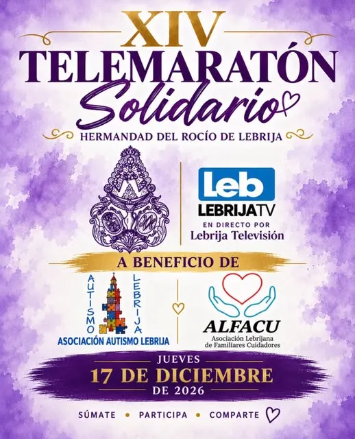 Cartel en tonos morados anuncia el XIV Telemaratón Solidario de la Hermandad del Rocío de Lebrija a beneficio de Autismo Lebrija y ALFACU el 17 de diciembre de 2026