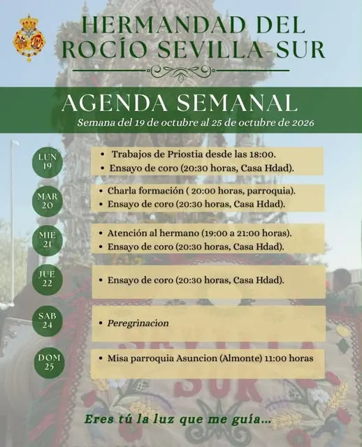 Cartel con la agenda semanal de la Hermandad del Rocío Sevilla Sur para octubre de 2026 con actividades y horarios detallados sobre fondo de romería