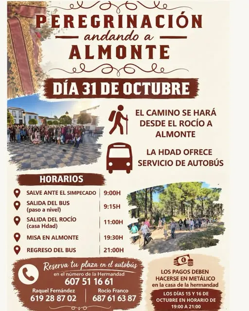 Cartel con información sobre la peregrinación andando a Almonte el 31 de octubre de 2026, con horarios, servicios y fotos de peregrinos caminando por senderos y plazas