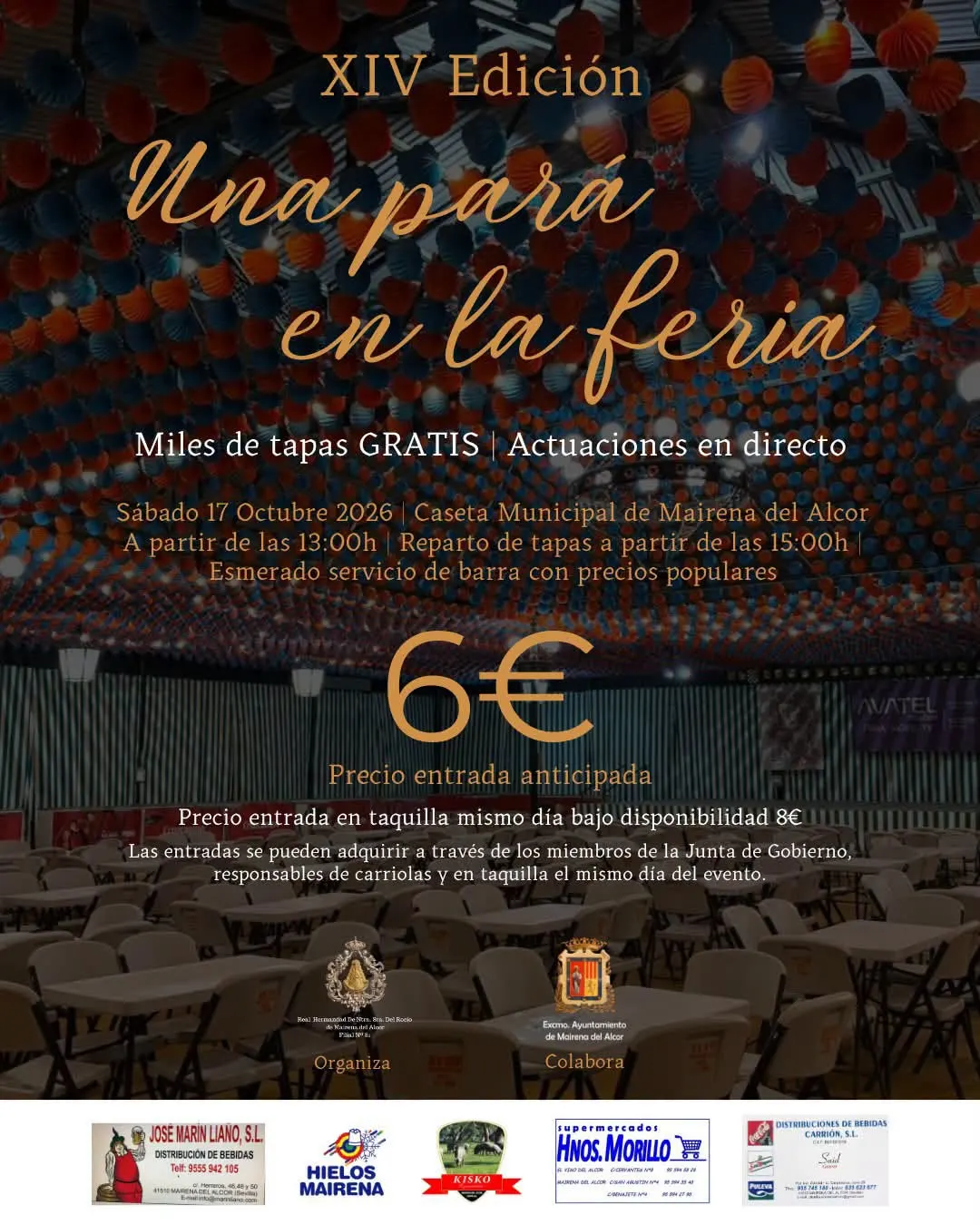 Cartel con información sobre la XIV edición de Una Pará Rociera en la Feria de Mairena con detalles de fecha, lugar, precio y patrocinadores sobre fondo de caseta decorada con farolillos y mesas