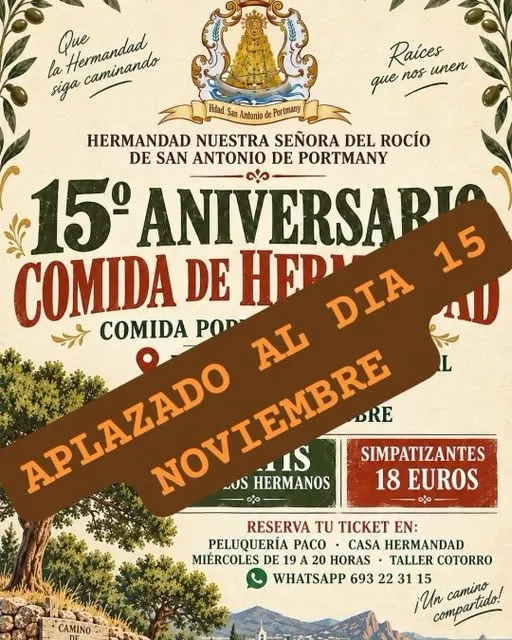 Cartel con ilustración de Virgen y texto que anuncia el aplazamiento al 15 de noviembre de la comida de hermandad por el 15º aniversario en San Antonio de Portmany