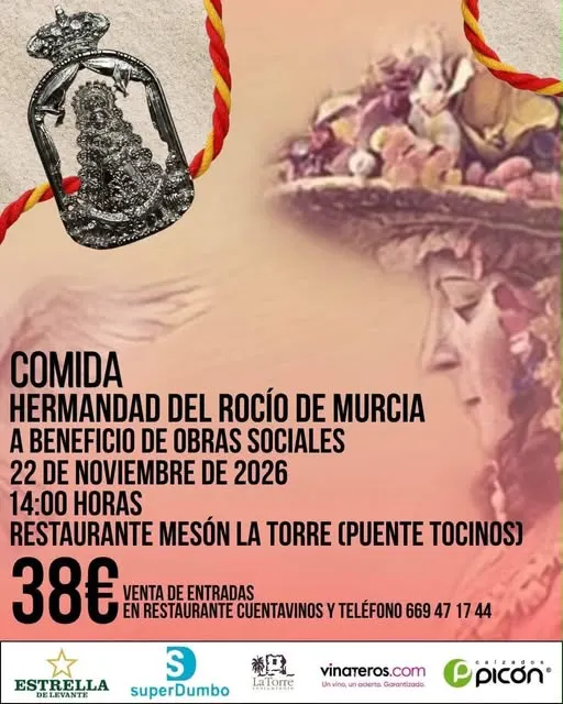 Cartel con imagen de la Virgen del Rocío y medalla de la hermandad anunciando comida benéfica el 22 de noviembre de 2026 en Murcia con precio y colaboradores