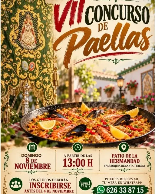 Paella tradicional con mariscos y limón en primer plano y cartel del VII Concurso de Paellas con detalles de la Hermandad y fecha del evento en el fondo