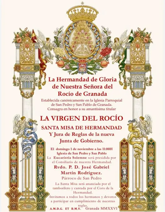 Cartel decorativo con motivos religiosos y texto en rojo que anuncia la misa y jura de reglas de la Hermandad del Rocío de Granada el 1 de noviembre de 2026 a las 11:00 horas en la Iglesia de San Pedro y San Pablo