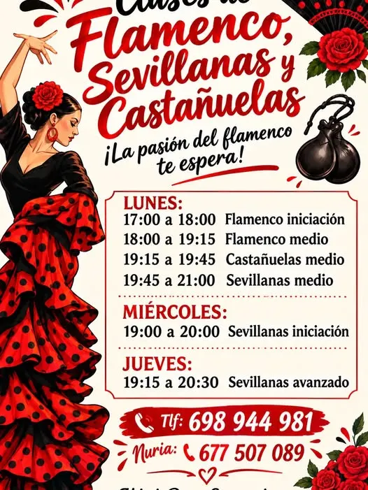 Cartel con ilustración de bailaora vestida de flamenca roja con lunares negros y horarios de clases de flamenco, sevillanas y castañuelas en Santander