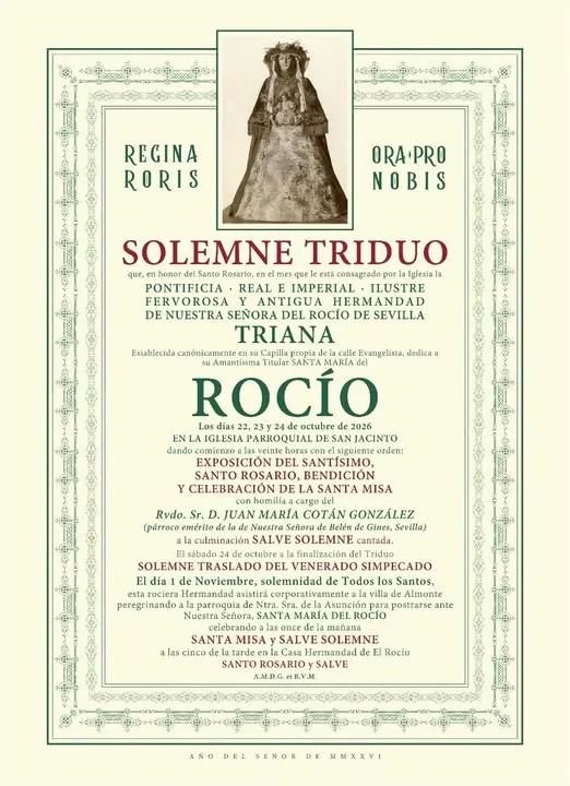 Cartel antiguo con texto en verde y burdeos que anuncia el solemne triduo en honor a la Virgen del Rocío en Triana durante octubre de 2026