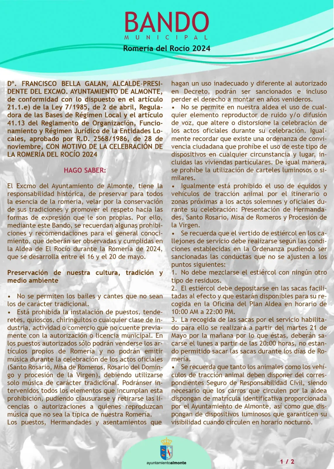 BANDO MUNICIPAL PARA LA ROMERÍA DEL ROCÍO 2024-1
