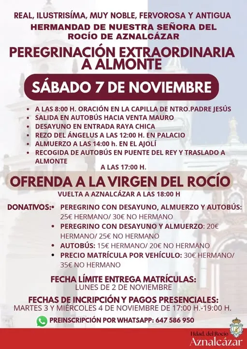 Cartel con información detallada sobre la peregrinación extraordinaria a Almonte el 7 de noviembre de 2026 organizada por la Hermandad de Nuestra Señora del Rocío de Aznalcázar, incluyendo horarios, rutas, donativos y fechas de inscripción