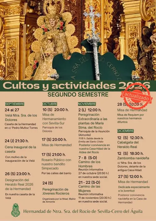 Imagen de la Virgen del Rocío con el Niño en un altar dorado y un cartel superpuesto con el calendario de cultos y actividades 2026 del segundo semestre de la Hermandad de Cerro del Águila