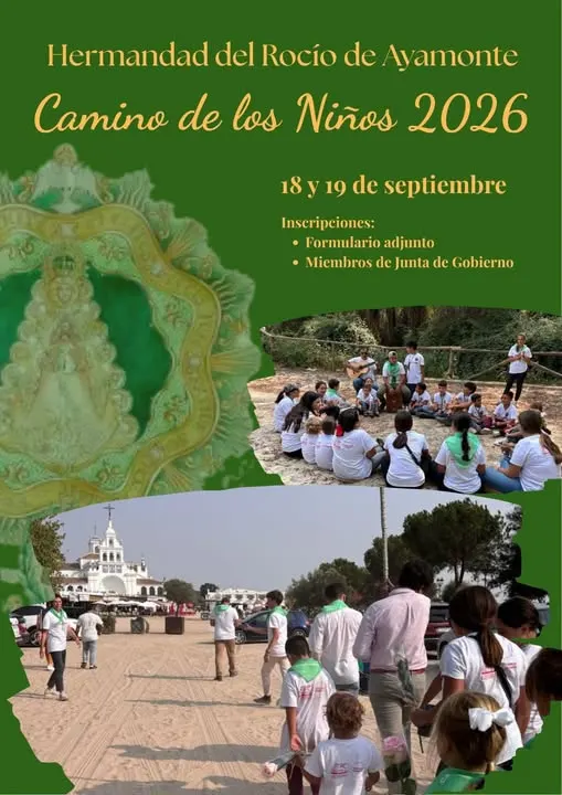Cartel verde con texto dorado que anuncia el Camino de los Niños 2026 en Ayamonte con fotos de niños y adultos caminando y sentados en círculo en un entorno natural y una ermita blanca al fondo