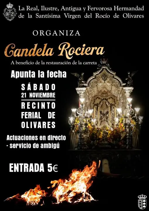 Cartel con texto sobre la Candela Rociera organizada por la Hermandad del Rocío de Olivares con imagen de un altar iluminado y una hoguera en primer plano