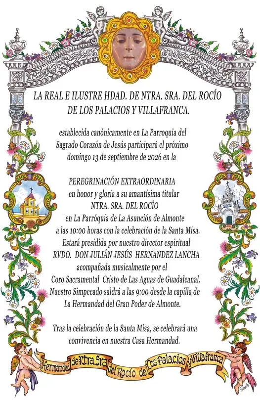 Cartel decorativo con texto que anuncia la peregrinación extraordinaria de la Hermandad del Rocío de Los Palacios y Villafranca en la parroquia de La Asunción de Almonte el 13 de septiembre de 2026, con detalles del programa litúrgico y elementos ornamentales florales y religiosos