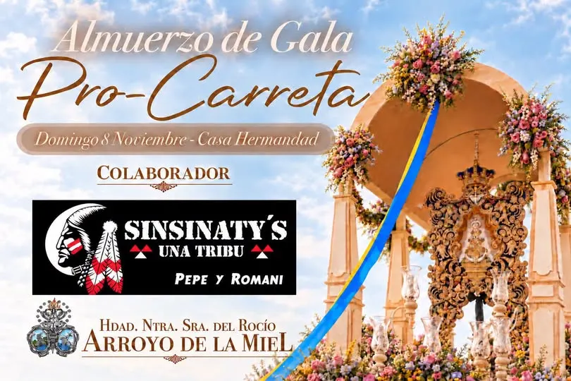 Cartel con texto sobre almuerzo de gala pro-carreta el 8 de noviembre en Casa Hermandad junto a imagen decorativa de carreta con flores y cintas azul y amarilla