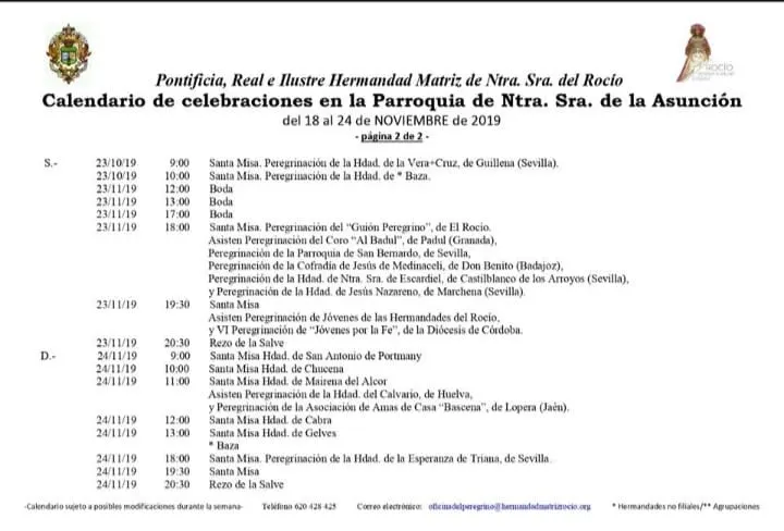 Calendario de Celebraciones en la Parroquia de Almonte del 18 al 24 de noviembre de 2019