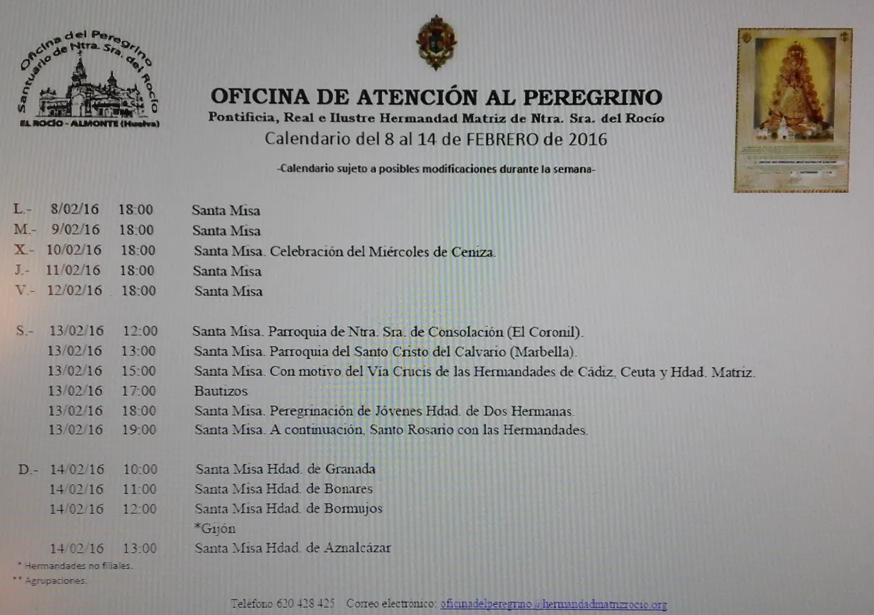 Calendario 8 a 14 de febrero de 2016
