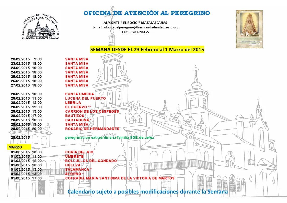 Calendario peregrinaciones 23-02 al 01-03-2015