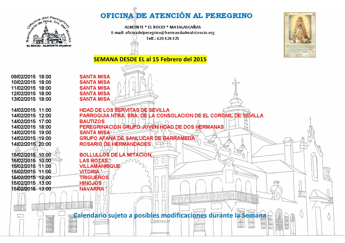 Calendario semanal de Peregrinaciones del 9 al 15 de febrero