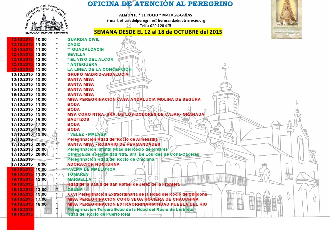 calendario rocio 12 a 18 octubre 2015
