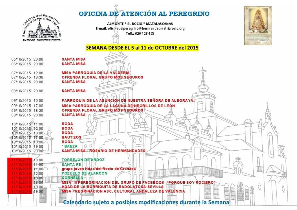 calendario rocio 5 al 11 de octubre 2015