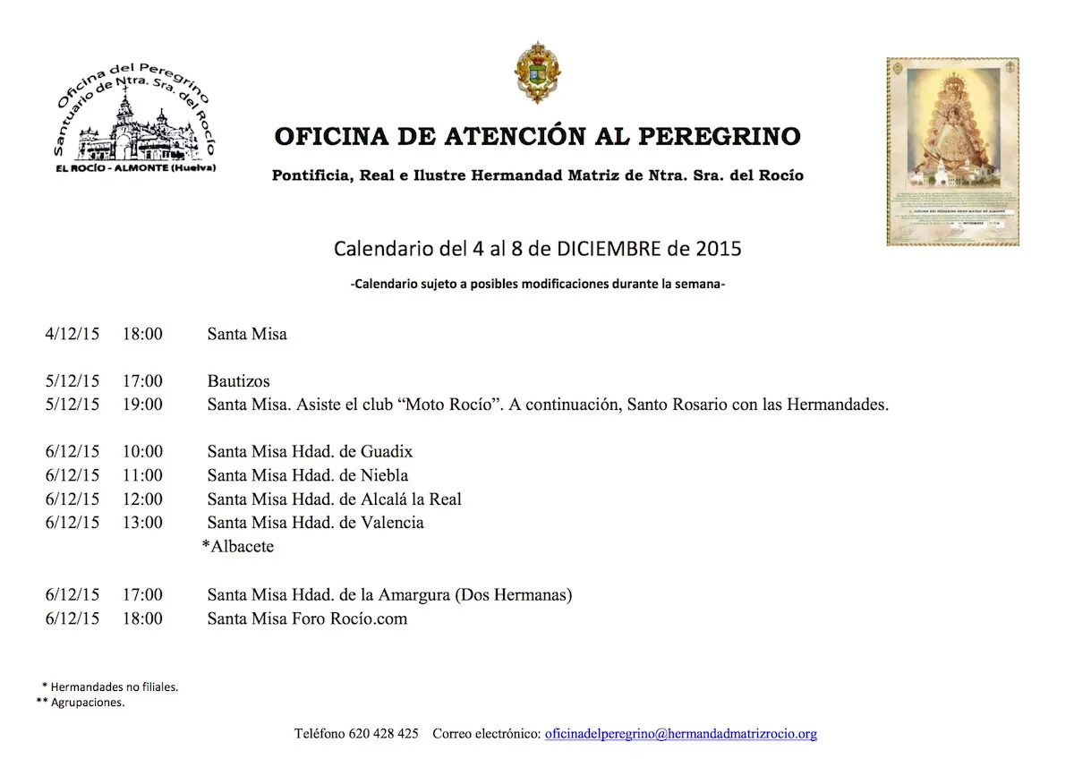 CALENDARIO EXTRAORDINARIO DEl 4 AL 8 DICIEMBRE 2015