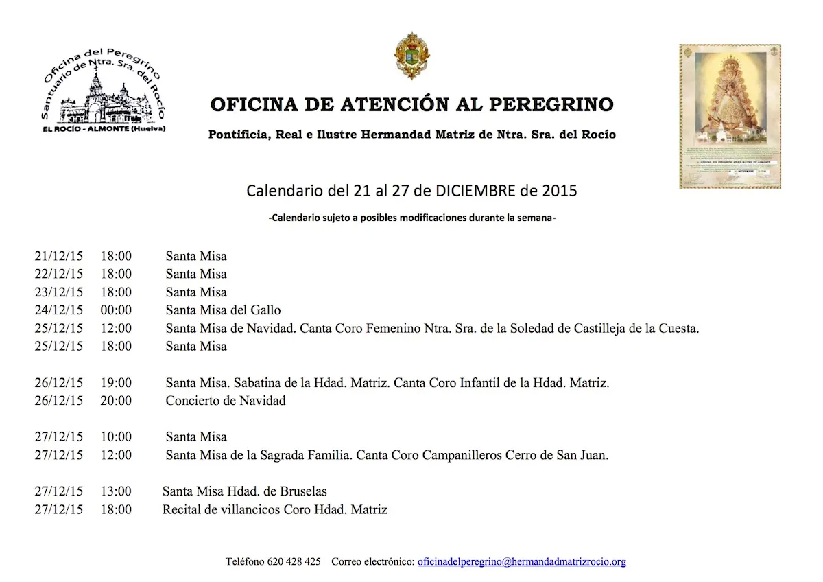 CALENDARIO SEMANAL DEl 21 AL 27 DICIEMBRE 2015