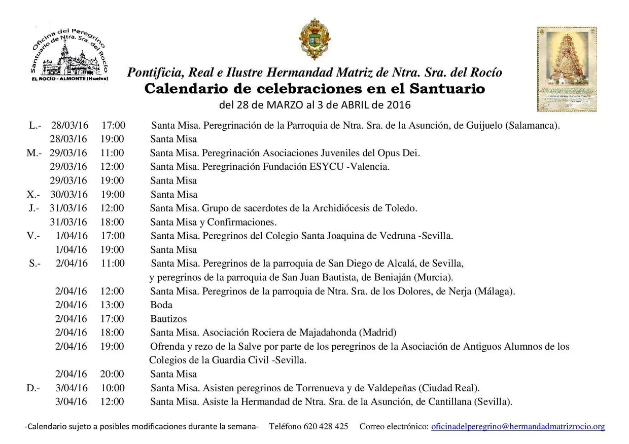 Calendario 28 de marzo al 3 de abril de 2016