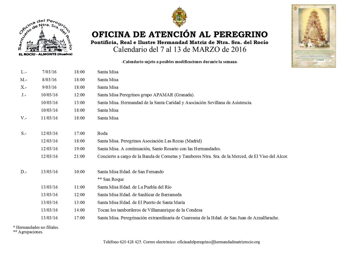 Calendario semana 7-13 marzo 2016