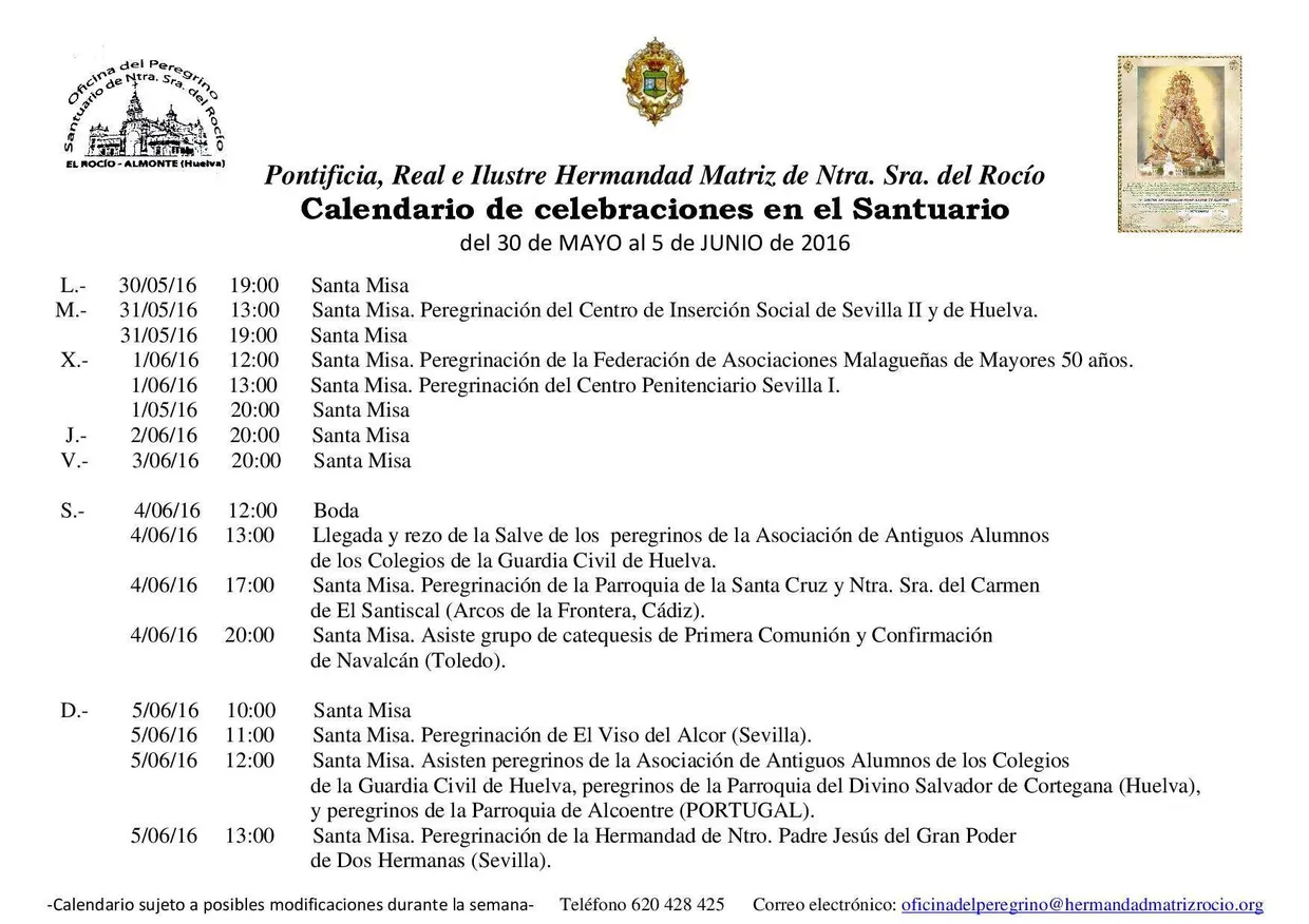 Agenda oficina peregrino 30 mayo a 5 junio 2016
