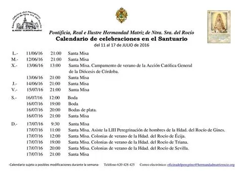 Calendario celebraciones en el santuario 11-17 julio