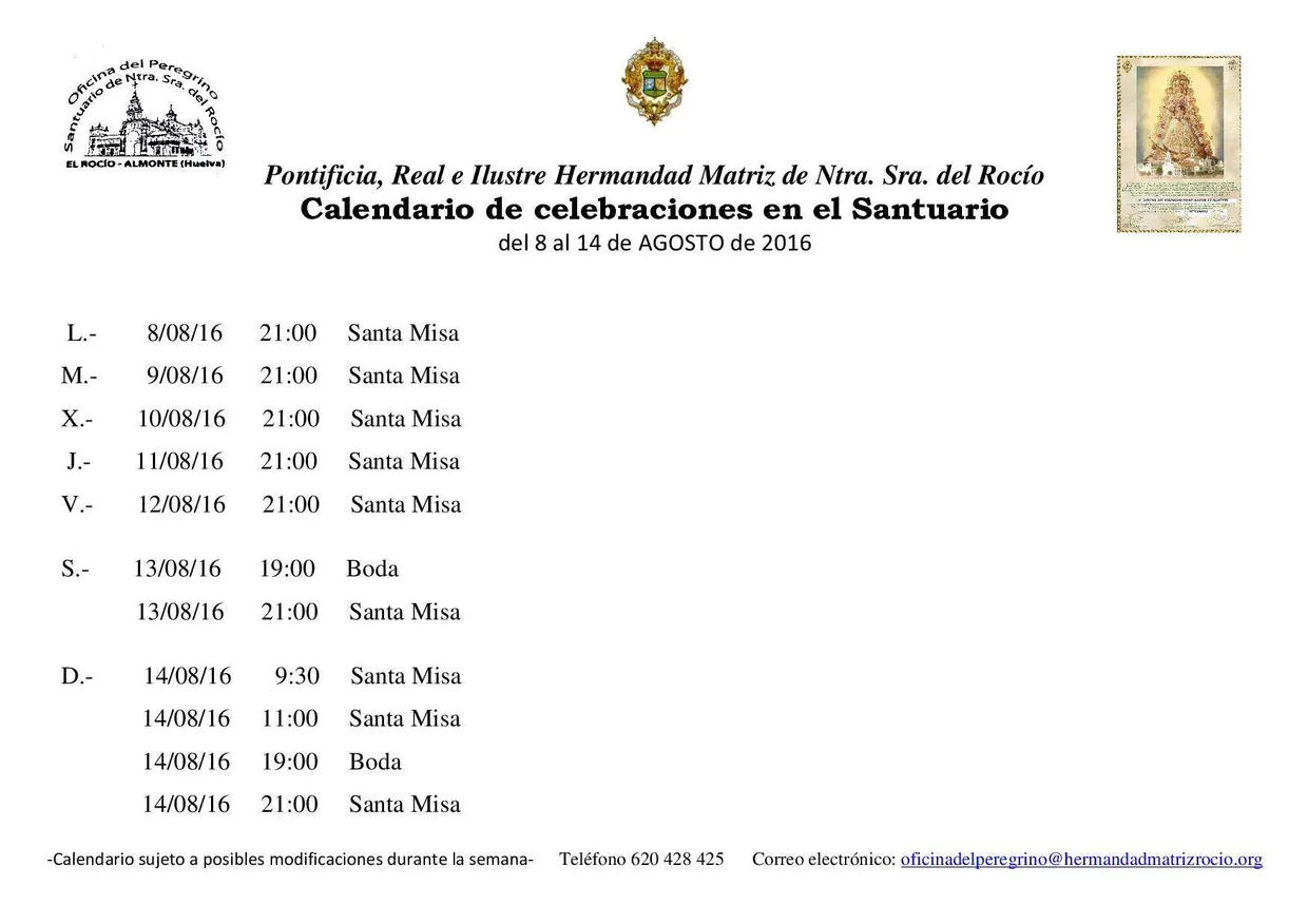 Calendario Santuario Rocio 8 al 14 de 8 de 2016