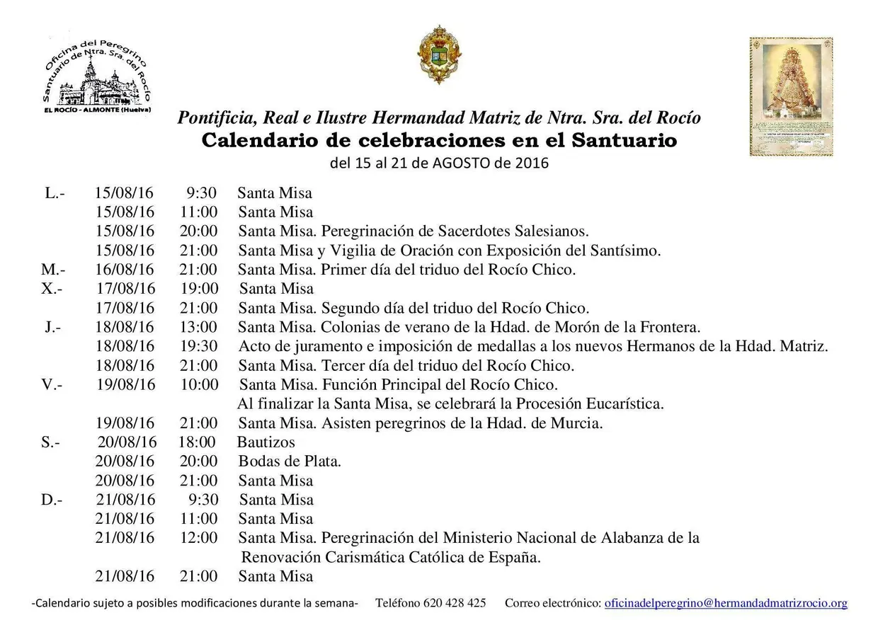 Calendario celebraciones rocio 15 a 21 de agosto 2016