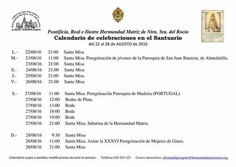 Calendario del 22 al 28 de agosto santuario rocio