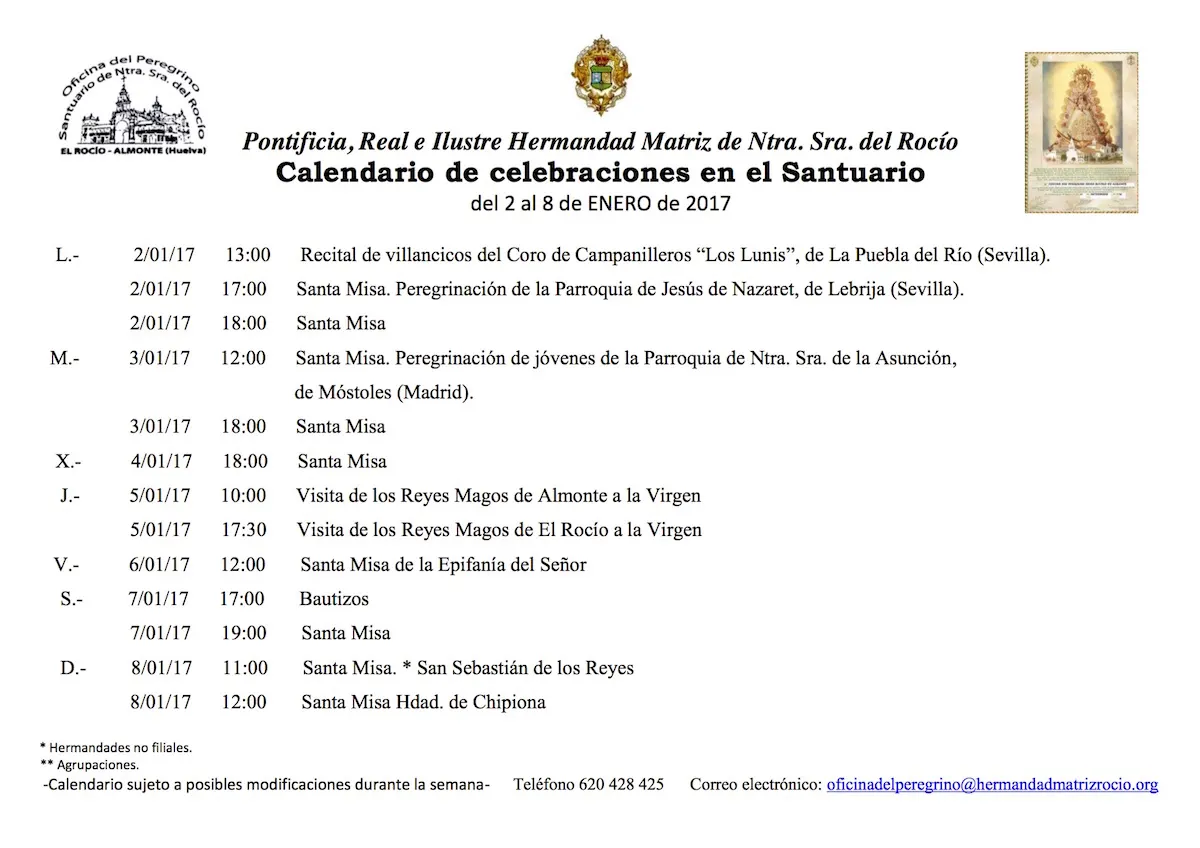 CALENDARIO SEMANAL DEl 2 AL 8 ENERO 2017