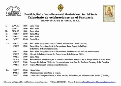 Calendario de Celebraciones en el Santuario del Rocío del 30 de enero al 5 de febrero de 2017