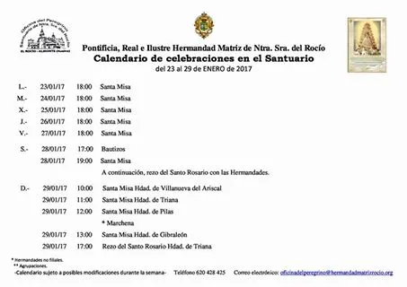 Calendario de celebraciones en el rocio del 23 al 29 de enero de 2017