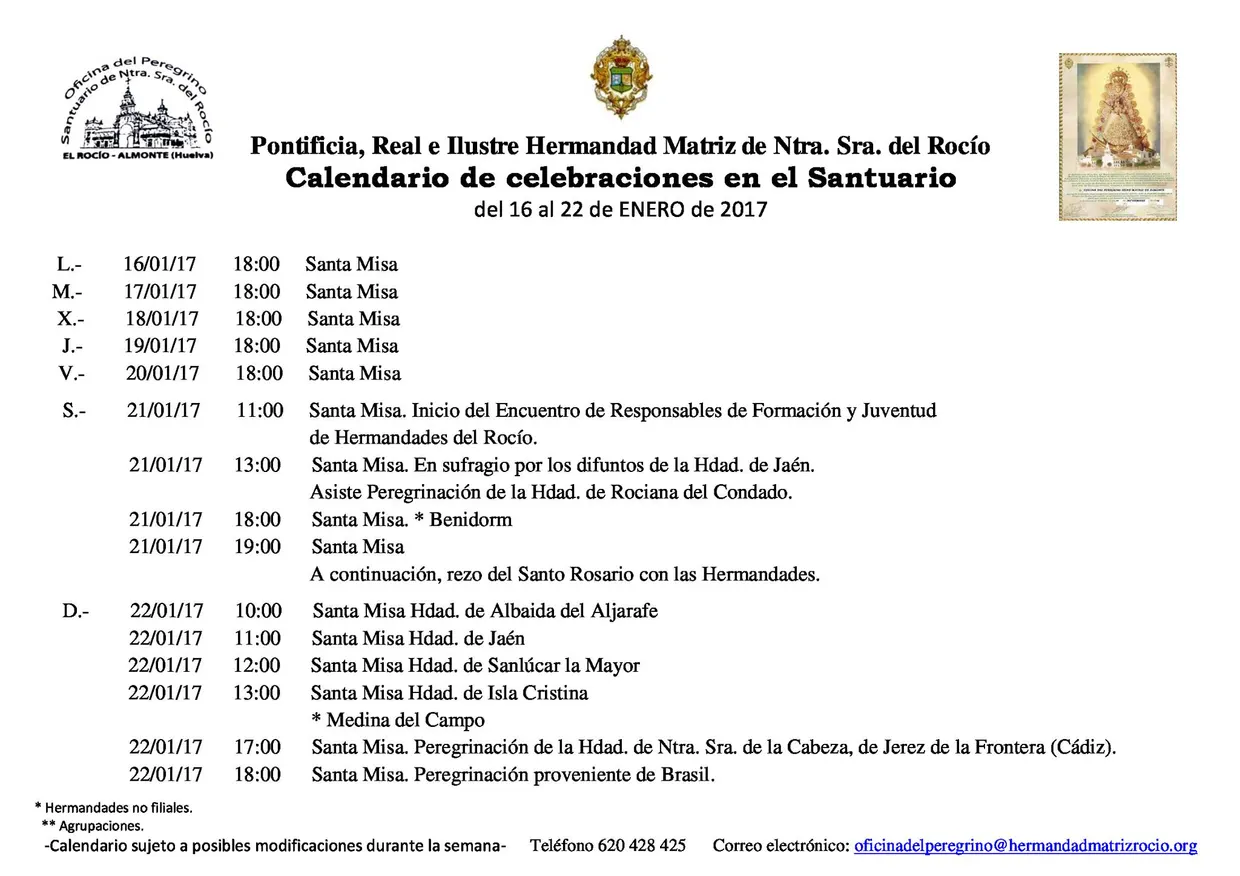 Calendario de celebraciones rocio del 16 al 22 de enero 2017
