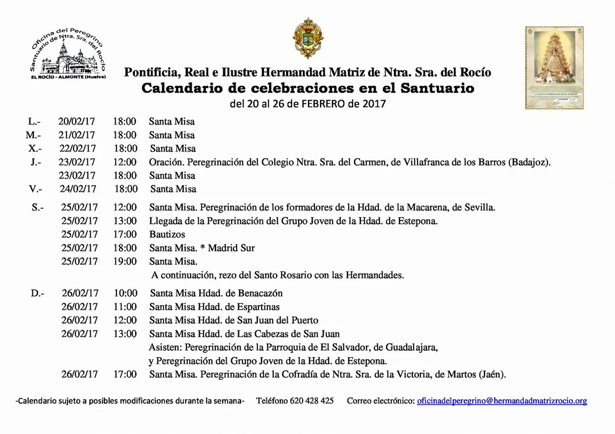 Calendario de Celebraciones en el rocio del 20 al 26 de febrero de 2017