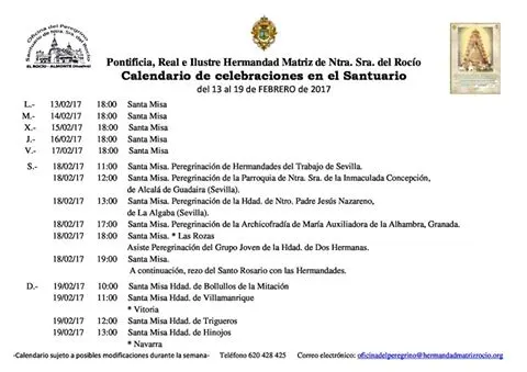 Calendario de Celebraciones en el santuario del Rocío del 13 al 19 de febrero de 2017