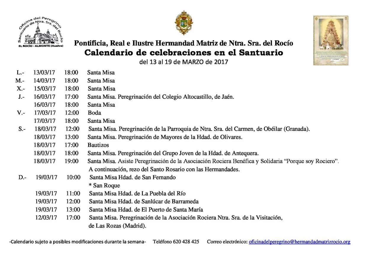 Calendario celebraciones rocio 13 al 19 de marzo de 2017