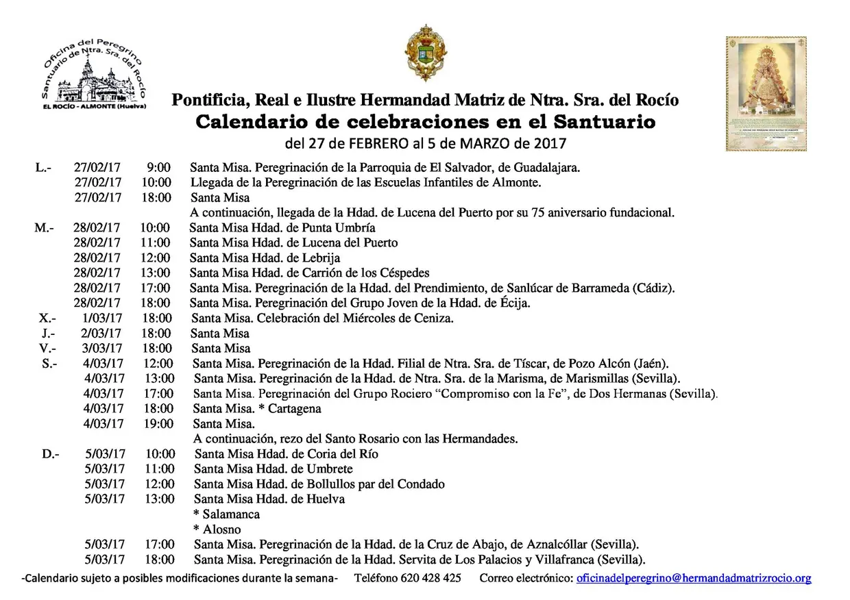 Calendario de Celebraciones en el Santuario del Rocío del 26 al 5 de marzo de 2017