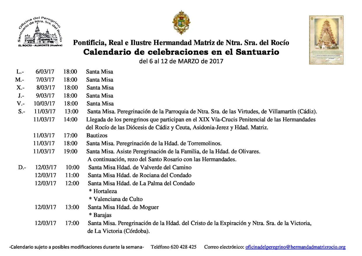 Calendario de celebraciones en el Santuario del Rocío del 6 al 12 de marzo de 2017